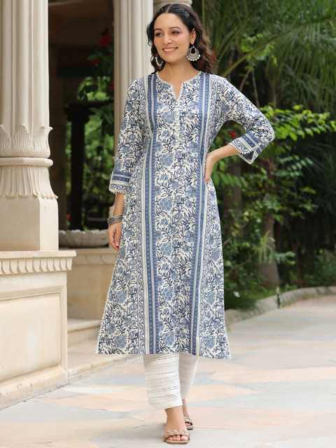 Rain & Rainbow Floral Printed A-Line Pure Cotton Kurta - Image 5