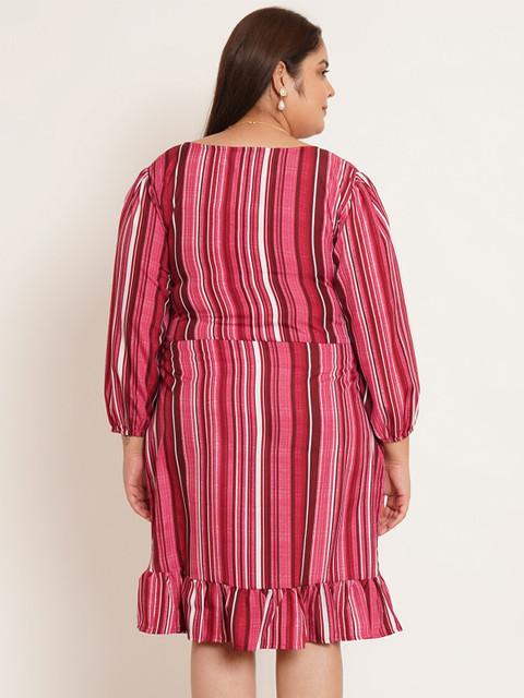 U&F Beyond Striped V-Neck Puff Sleeve Plus Size A-Line Dress - Image 4