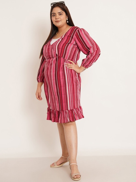 U&F Beyond Striped V-Neck Puff Sleeve Plus Size A-Line Dress - Image 5