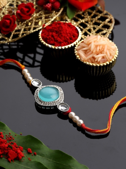 PANASH Silver-Plated Stone-Studded Rakhi With Roli Chawal