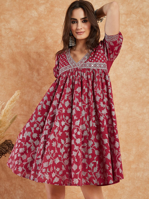 Sangria Maroon Ethnic Motifs Printed Empire Ethnic Dress