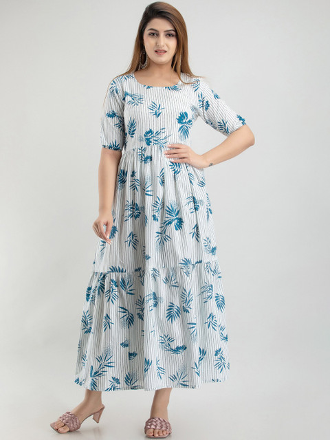 UNIBLISS Women Blue Floral Printed Flared Sleeves Thread Work Anarkali Kurta