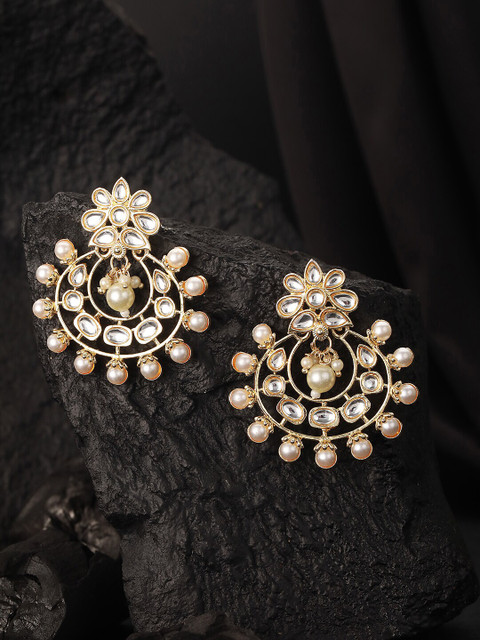 Jazz and Sizzle Gold-Plated Crescent Shaped Kundan Studded & Beaded Chandbalis