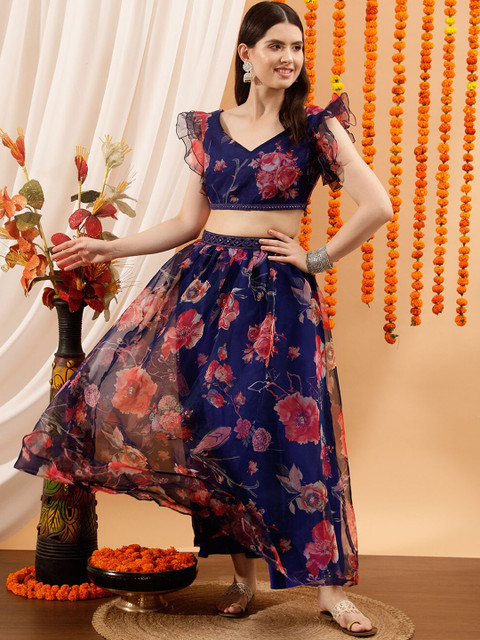 indo street Floral Printed Ruffle Sleeve Top & Skirt