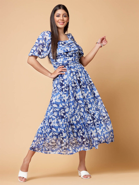 plusS Blue Floral Print Cold-Shoulder Fit & Flare Midi Dress