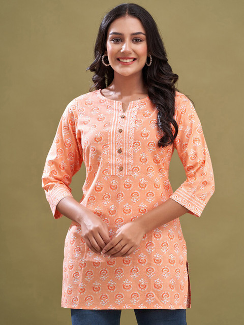 FERANOID Floral Printed Round Neck Pure Cotton Straight Kurti