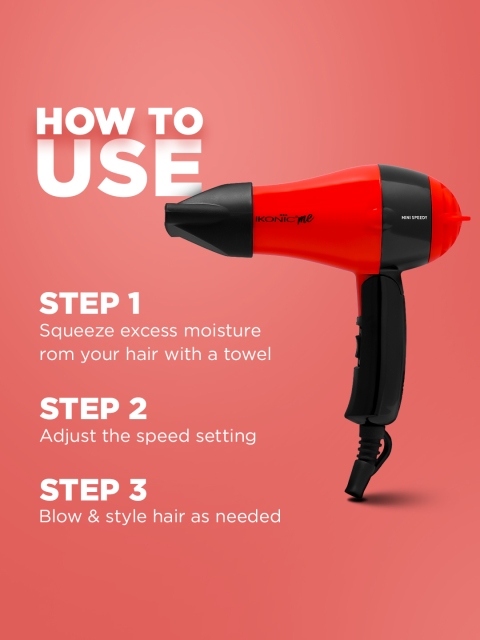 Ikonic Me Mini Speedy 1000W Hair Dryer with Foldable Handle & Lightweight DC Motor - Red - Image 6