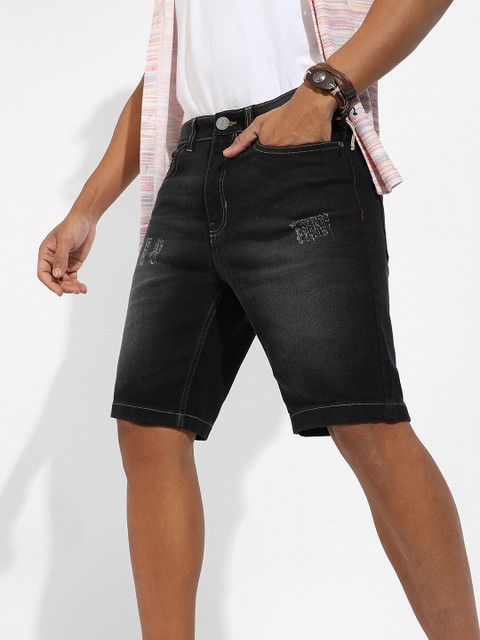 Campus Sutra Men Distressed Cotton Denim Shorts