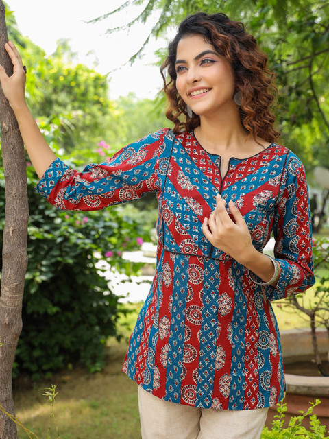 Rain & Rainbow Ethnic Motifs Printed Pure Cotton Straight Kurti