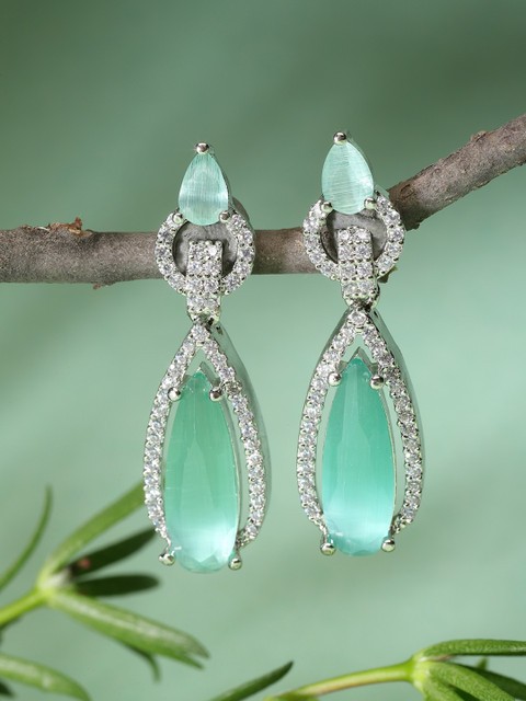 Rhodium-Plated American Diamond Studded Sea Green Teardrop Shaped Drop Earrings