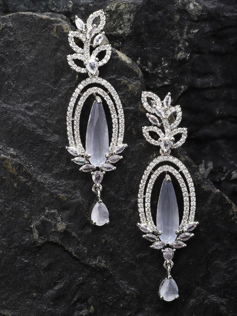 ZENEME Rhodium Plated Silver Toned Nature Inspired Long Teardrop AD Studed Dangler Earrings