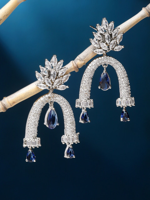 ZENEME Rhodium-Plated American Diamond Studded Drop Earrings