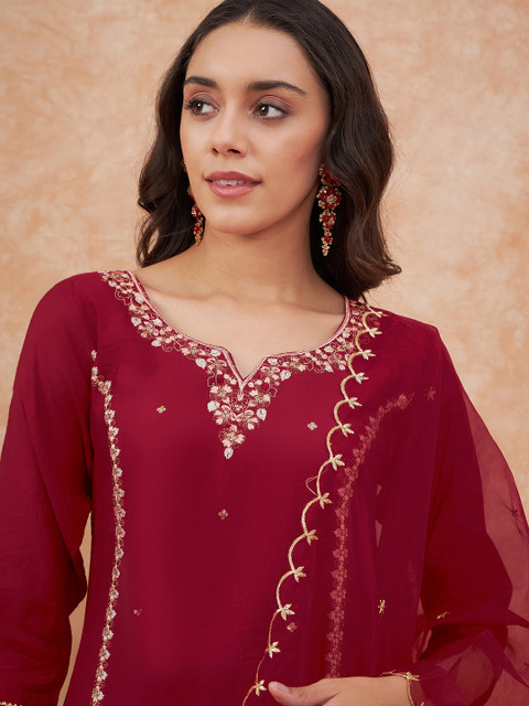 Sangria Maroon Floral Embroidered Straight Kurta With Trousers & Dupatta - Image 2