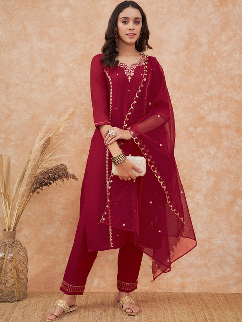 Sangria Maroon Floral Embroidered Straight Kurta With Trousers & Dupatta - Image 7