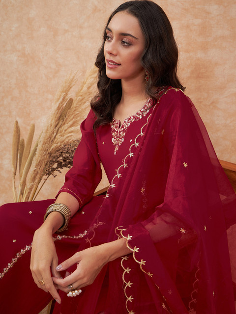 Sangria Maroon Floral Embroidered Straight Kurta With Trousers & Dupatta