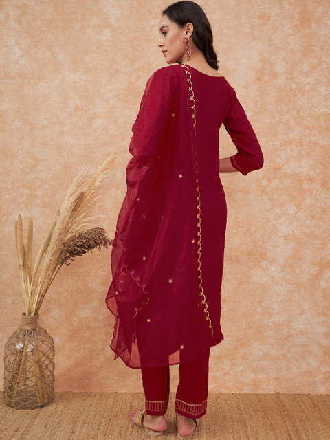Sangria Maroon Floral Embroidered Straight Kurta With Trousers & Dupatta - Image 6