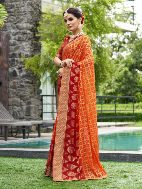 Mitera Orange & Red Ethnic Motifs Printed Pure Georgette Zari Saree - Image 2