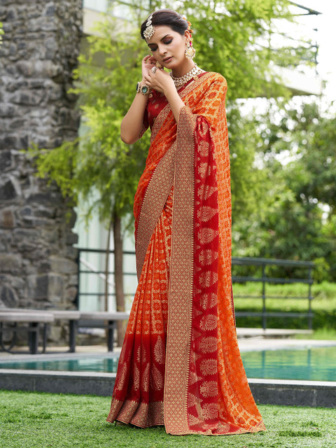 Mitera Orange & Red Ethnic Motifs Printed Pure Georgette Zari Saree - Image 4