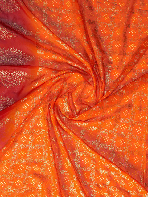 Mitera Orange & Red Ethnic Motifs Printed Pure Georgette Zari Saree - Image 6