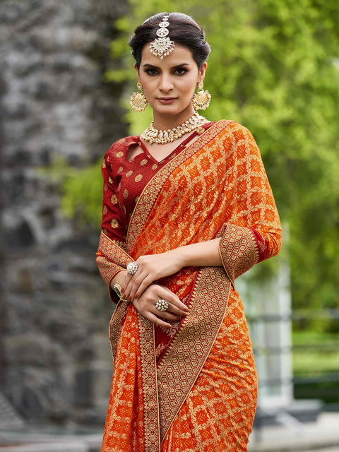 Mitera Orange & Red Ethnic Motifs Printed Pure Georgette Zari Saree - Image 5