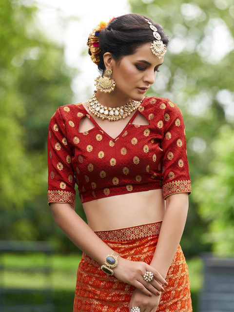 Mitera Orange & Red Ethnic Motifs Printed Pure Georgette Zari Saree - Image 7