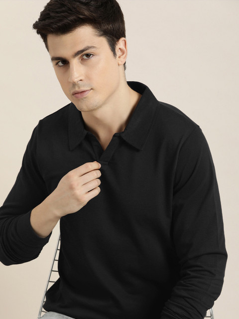 DILLINGER Men Solid Honeycomb Structure Long Sleeve Cotton Polo T-Shirt