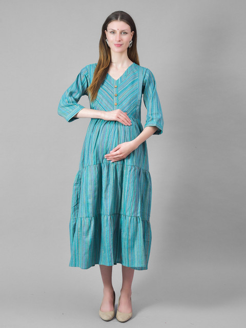 Negen Striped Printed Gathered Tiered Cotton Fit & Flare Midi Feeding & Maternity Dress