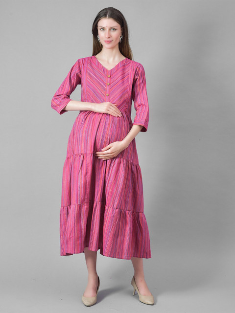 Negen Maternity Striped Printed Gathered & Pleated Tiered Cotton Fit & Flare Midi Dress