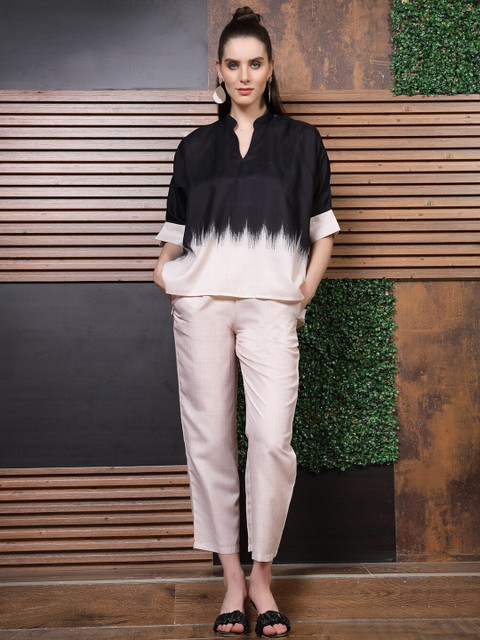 Athena Black Colourblocked Mandarin Collar Linen Top With Trousers