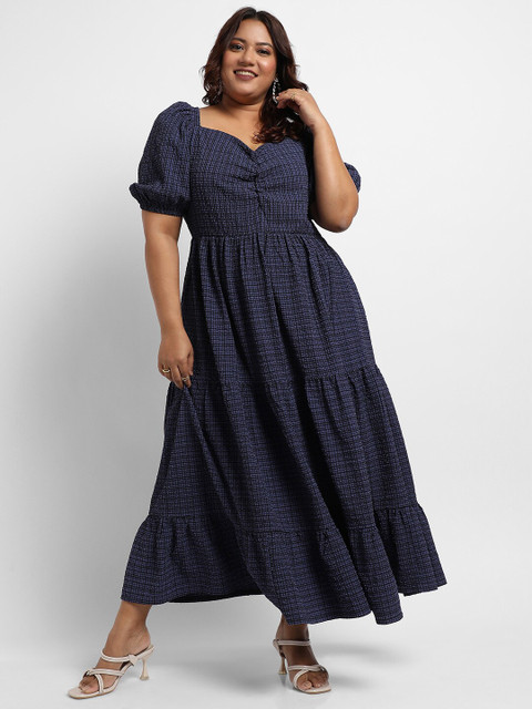 Instafab Plus Plus Size Checked Sweetheart Neck Puff Sleeve Tiered Fit & Flare Dress