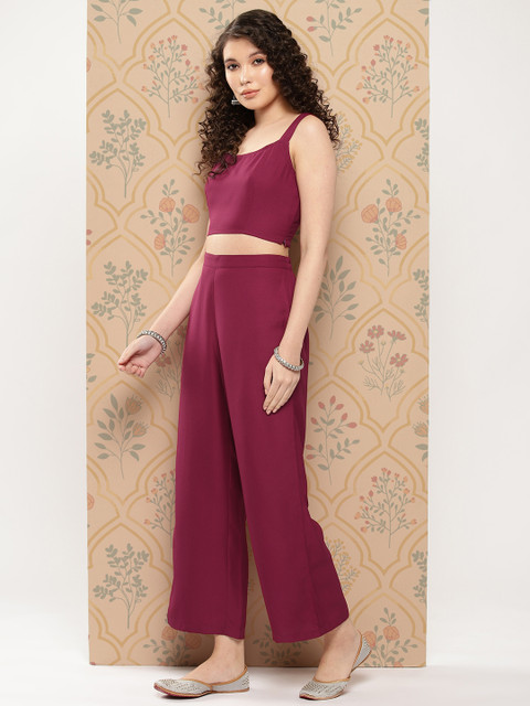 Janasya Women Solid Shoulder Straps Crop Top & Trousers with Floral Print Shrug - Image 4