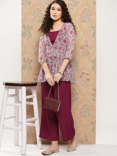 Janasya Women Solid Shoulder Straps Crop Top & Trousers with Floral Print Shrug - Image 6