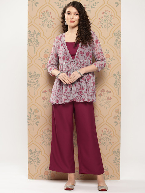 Janasya Women Solid Shoulder Straps Crop Top & Trousers with Floral Print Shrug - Image 2
