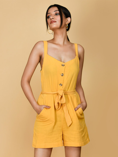 BAESD Shoulder Strap Tie Up Waist Cotton Playsuit