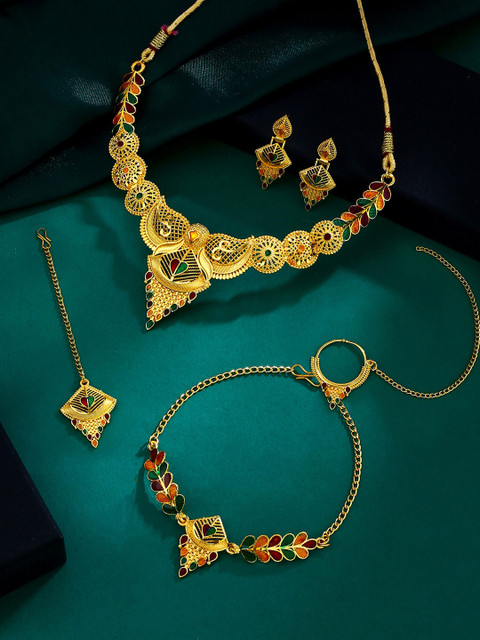 Yellow Chimes Gold-Plated Meenakari Jewellery Set with Maangtikka & Nose Ring