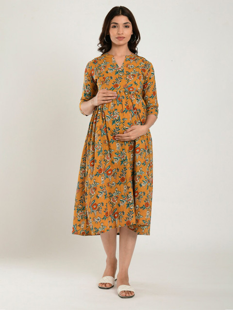 CRAFIQA Floral Print Mandarin Collar Fit & Flare Maternity Midi Dress