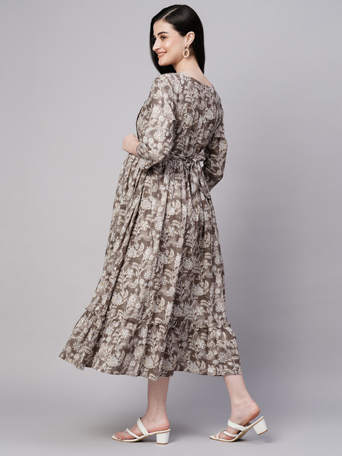 Aanyor Florals Print Gathered Detail Cotton Maternity Fit and Flare Dress - Image 5