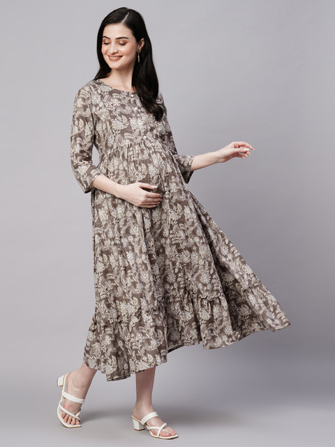 Aanyor Florals Print Gathered Detail Cotton Maternity Fit and Flare Dress - Image 3