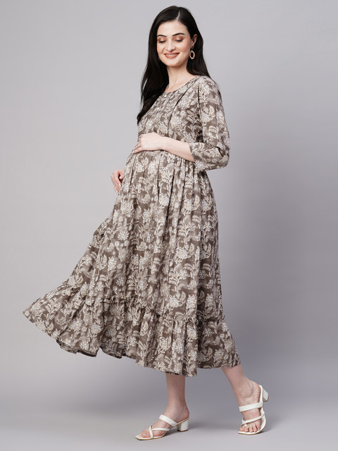 Aanyor Florals Print Gathered Detail Cotton Maternity Fit and Flare Dress - Image 4