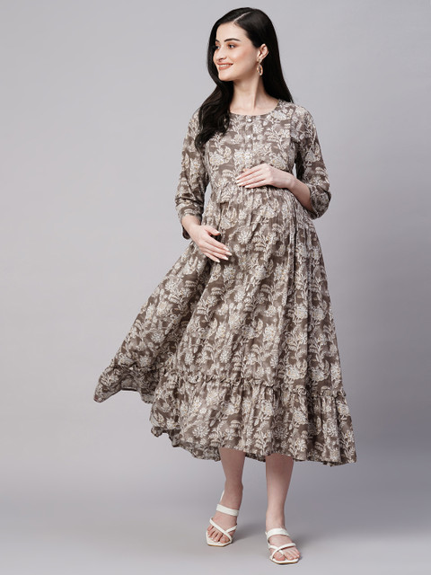 Aanyor Florals Print Gathered Detail Cotton Maternity Fit and Flare Dress