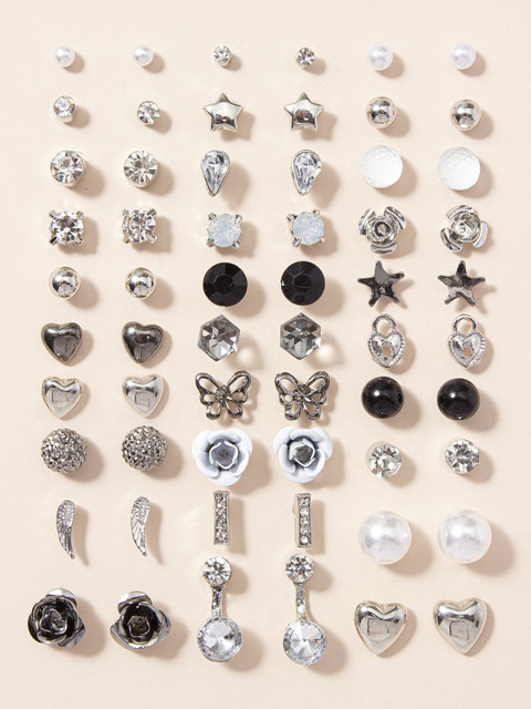 Shining Diva Fashion Set Of 30 Silver-Plated Contemporary Studs Earrings