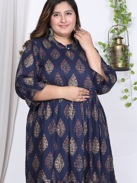 Swasti Plus Size Floral Printed Tie-Up Neck Puff Sleeve Fit and Flare Midi Dress - Image 2