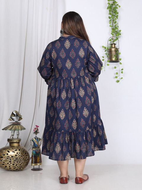 Swasti Plus Size Floral Printed Tie-Up Neck Puff Sleeve Fit and Flare Midi Dress - Image 4