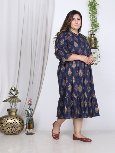 Swasti Plus Size Floral Printed Tie-Up Neck Puff Sleeve Fit and Flare Midi Dress - Image 3
