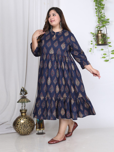 Swasti Plus Size Floral Printed Tie-Up Neck Puff Sleeve Fit and Flare Midi Dress - Image 5