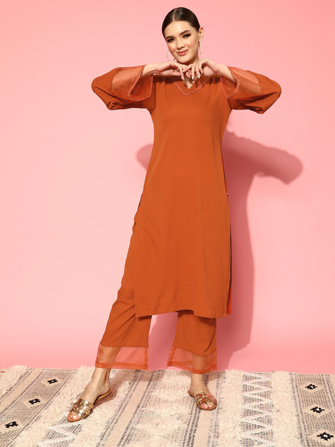 Varanga Rust Flared Sleeve Organza detailed V Neck Textured Kurta with Palazzo - Image 3