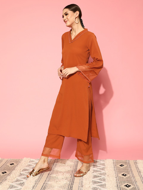 Varanga Rust Flared Sleeve Organza detailed V Neck Textured Kurta with Palazzo - Image 4