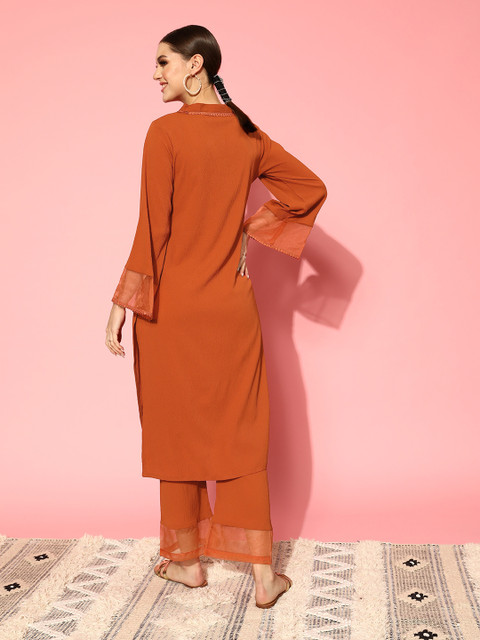Varanga Rust Flared Sleeve Organza detailed V Neck Textured Kurta with Palazzo - Image 5