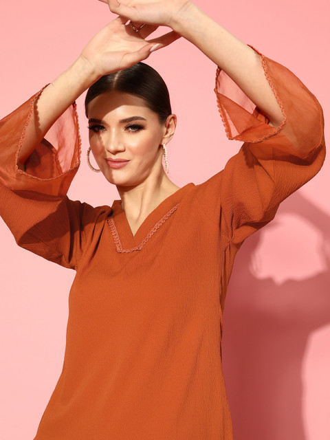 Varanga Rust Flared Sleeve Organza detailed V Neck Textured Kurta with Palazzo - Image 2