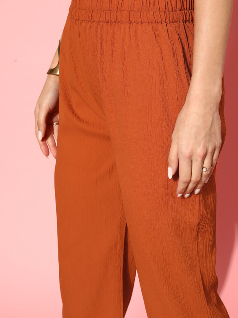Varanga Rust Flared Sleeve Organza detailed V Neck Textured Kurta with Palazzo - Image 6
